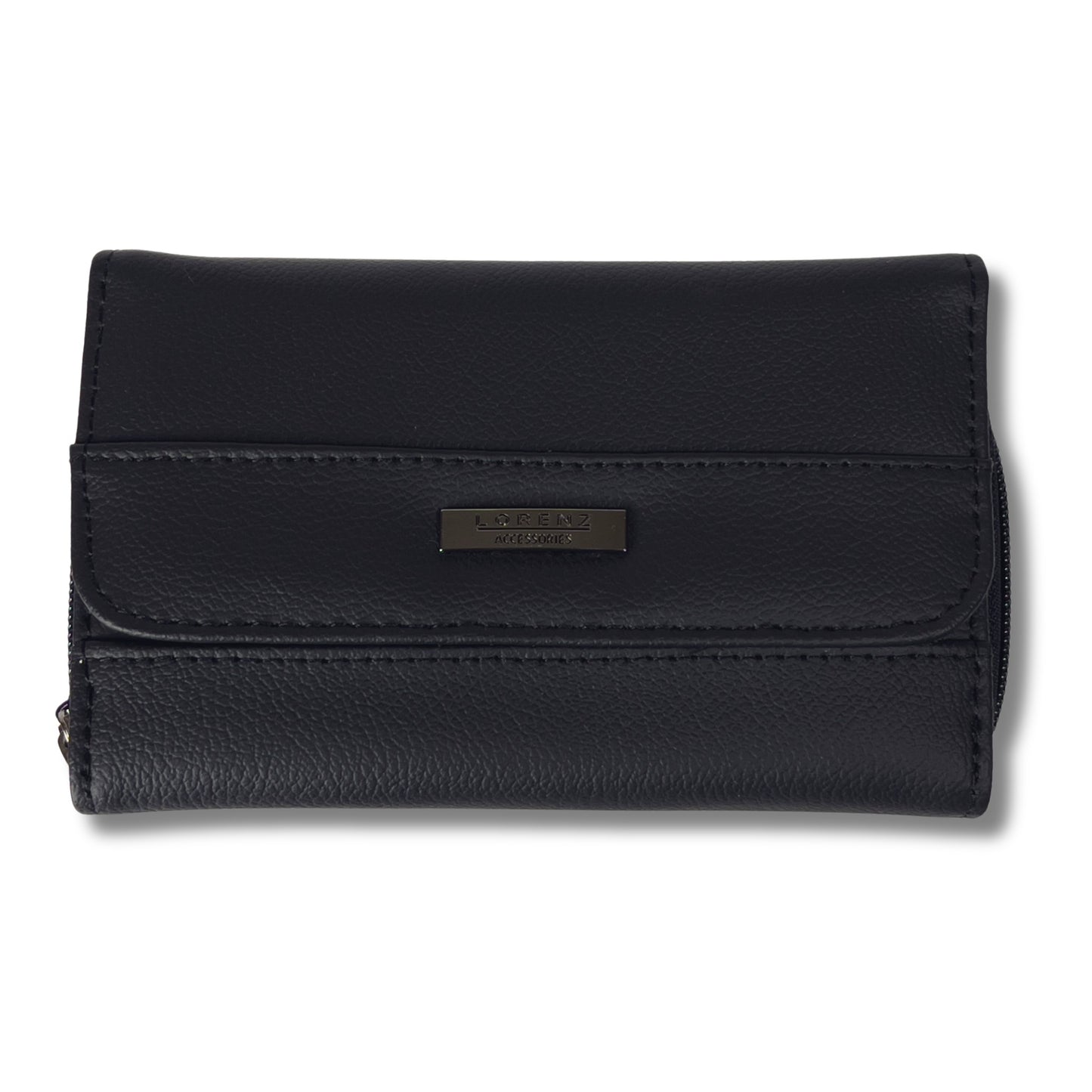 Front view of a black RFID leather wallet, highlighting its smooth leather texture and classic design