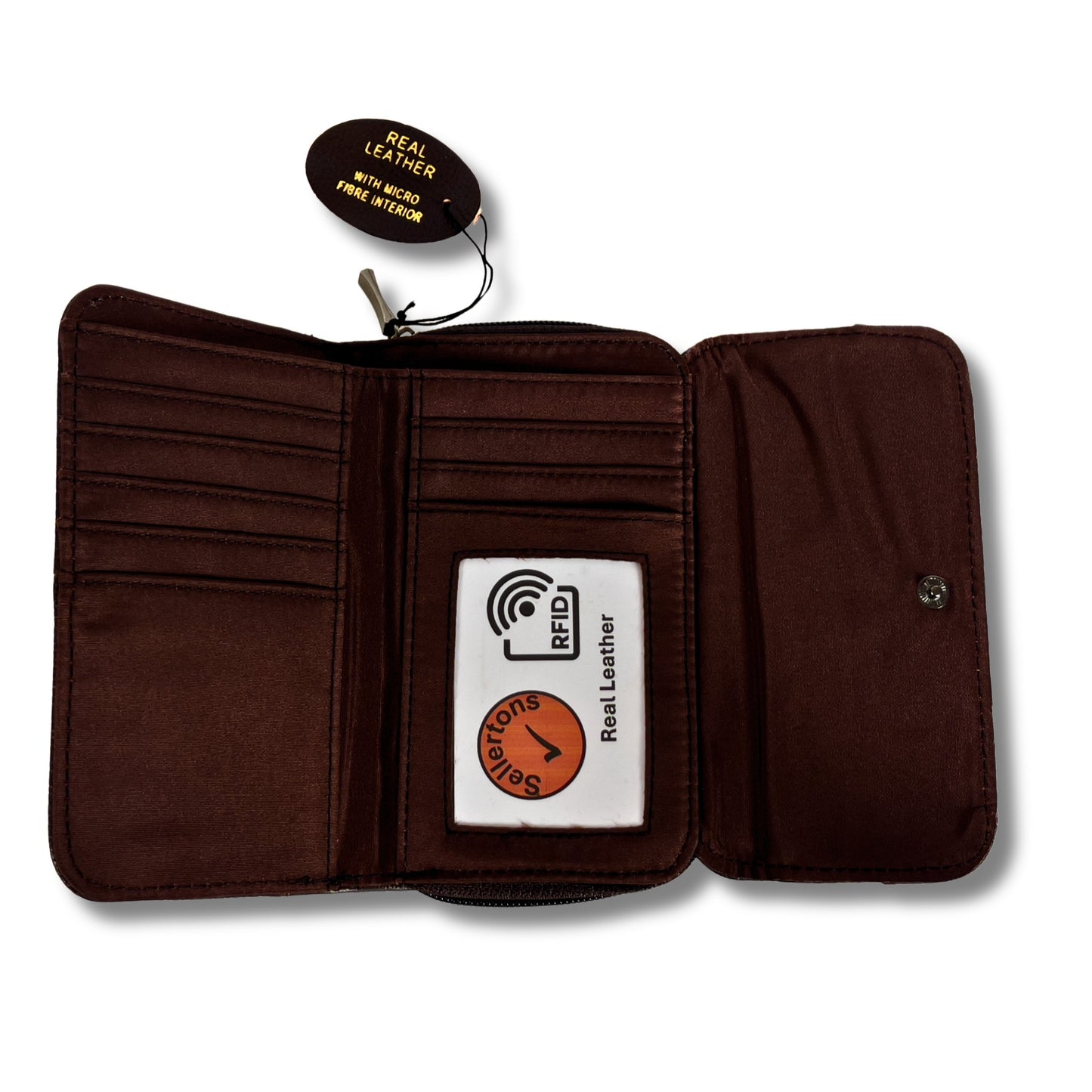 Open view of a brown RFID leather wallet with multiple card slots, ID window, and a secure interior