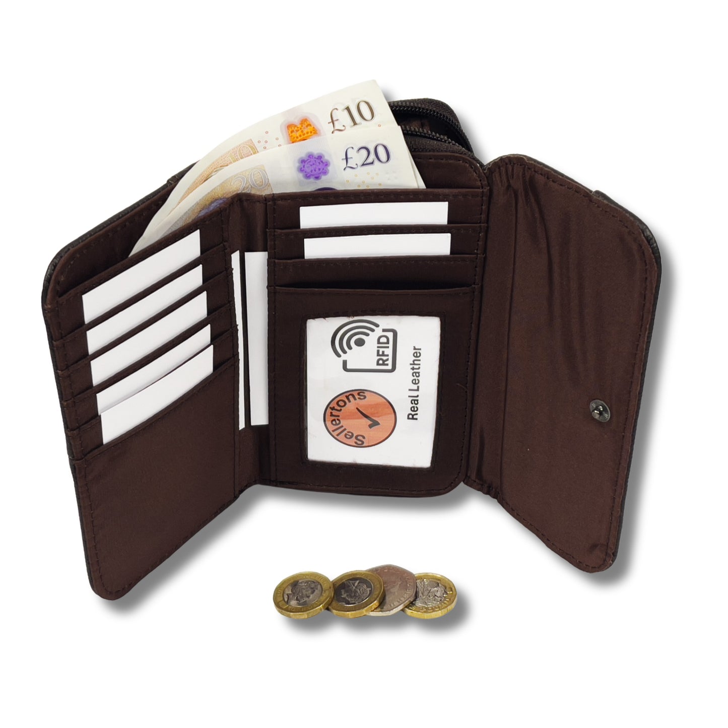 Brown RFID leather wallet open with cash and coins visible, showcasing card slots and coin pocket functionality
