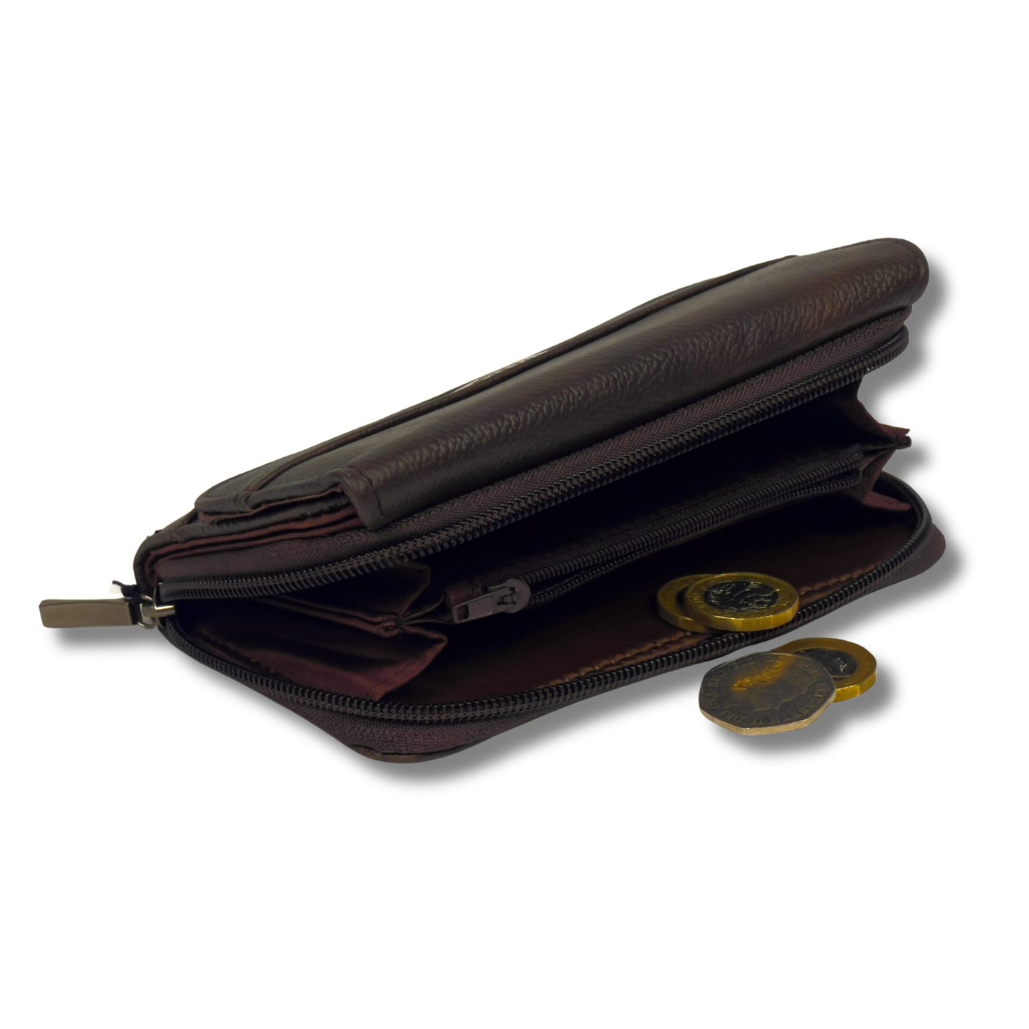 Close-up view of a brown leather wallet’s coin pocket with coins partially visible