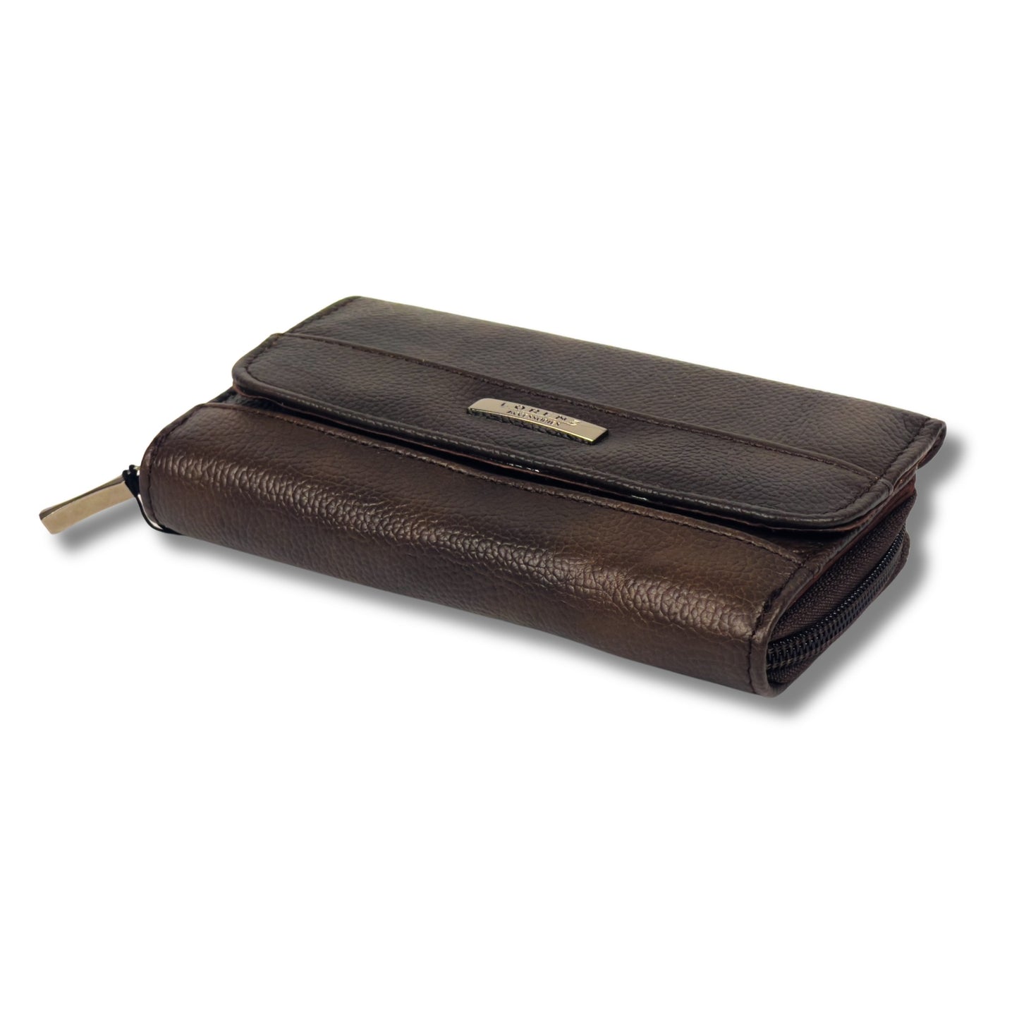 Angled view of a brown RFID leather trifold wallet, highlighting its sleek and durable design