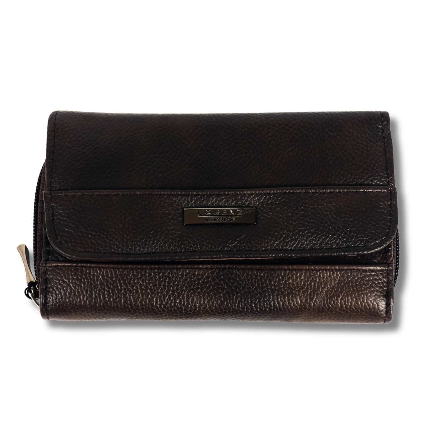 Front view of a brown RFID leather wallet, showcasing its premium leather texture and classic design