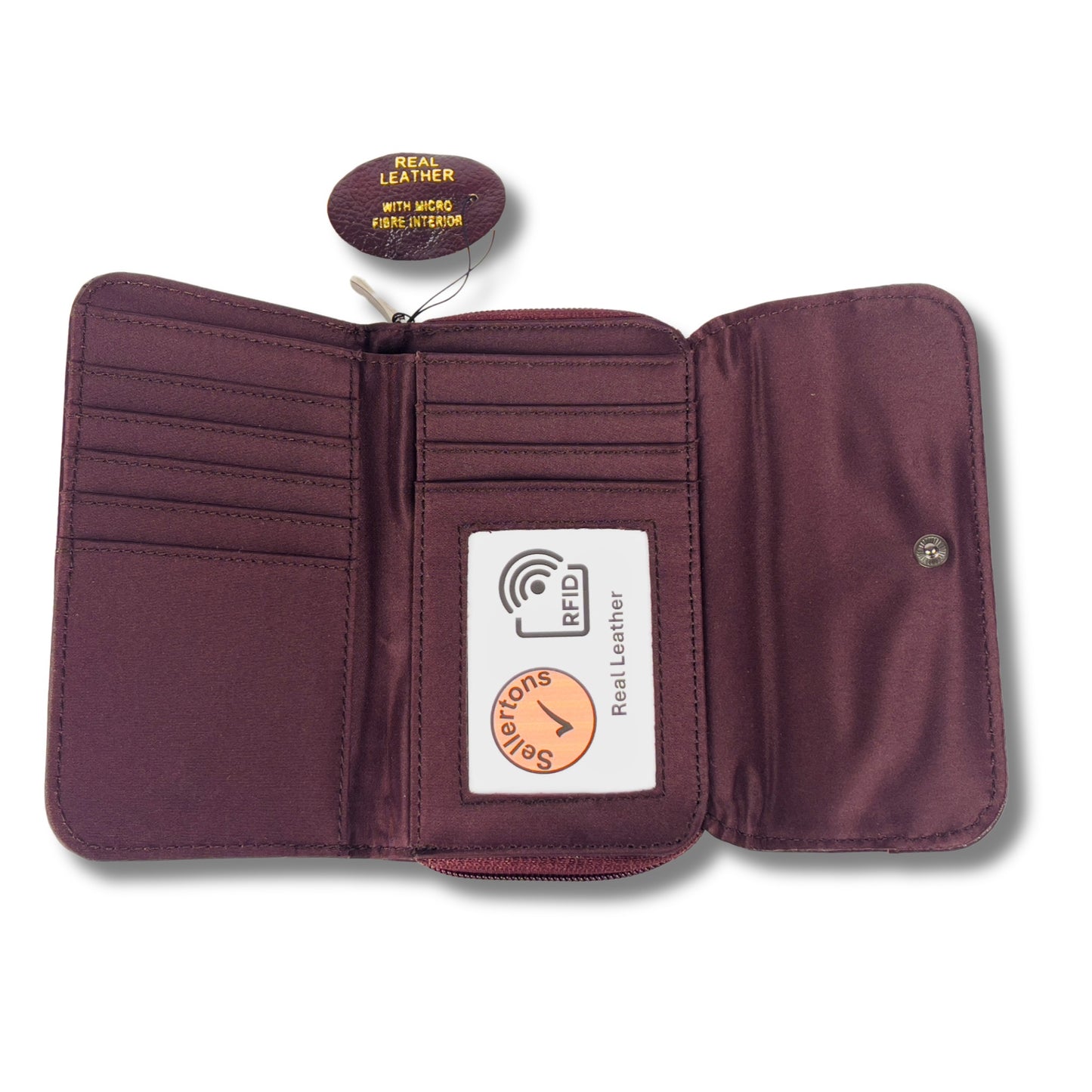 Interior view of burgundy RFID trifold leather wallet with seven card slots, ID window, and microfibre-lined compartments for organised storage.