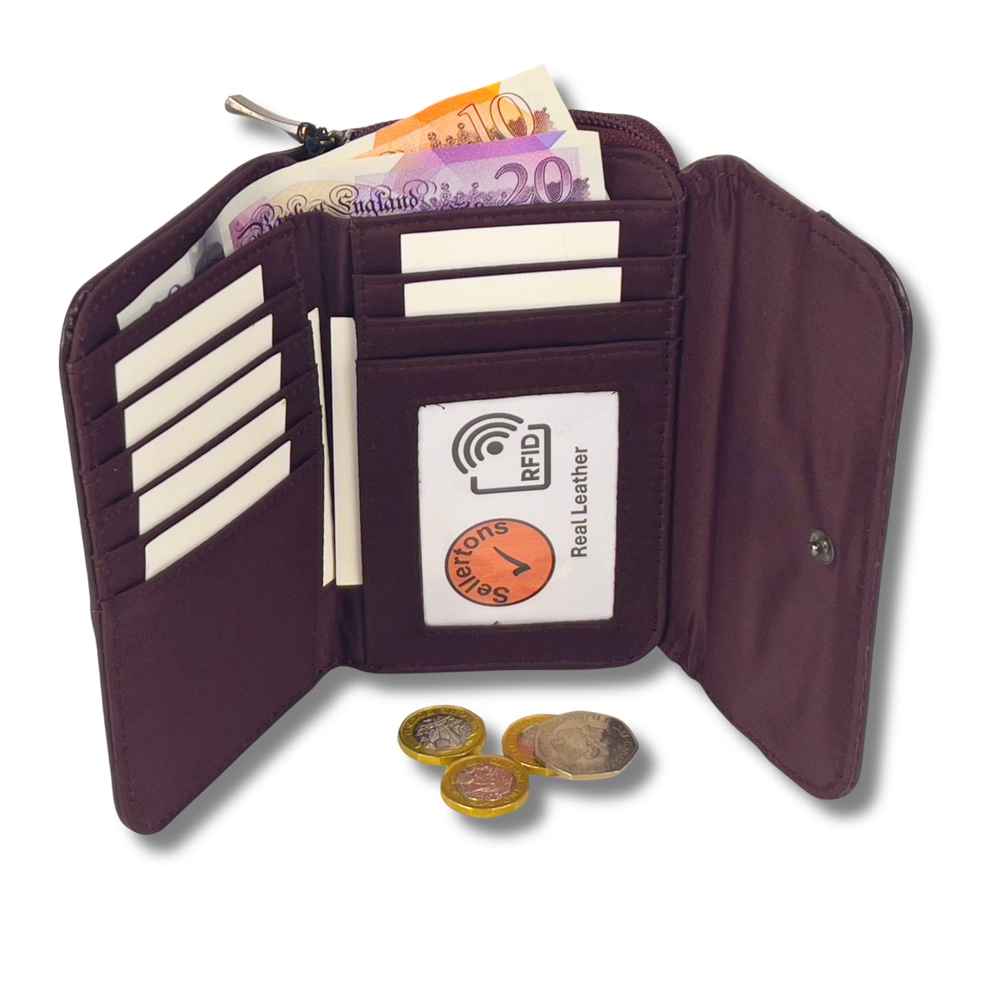 Open burgundy RFID leather trifold wallet displaying card slots, ID window, zip coin pocket, with cash and coins inside.