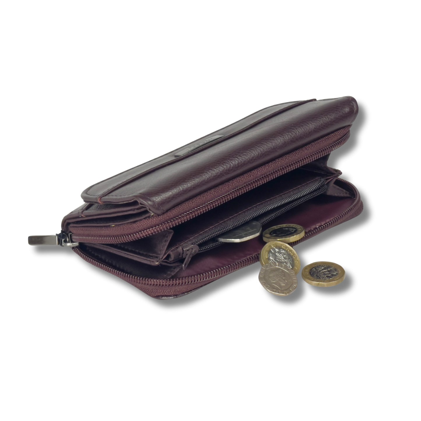Close-up of burgundy RFID leather trifold wallet zip coin pocket, designed for securely storing loose change with a stylish finish.