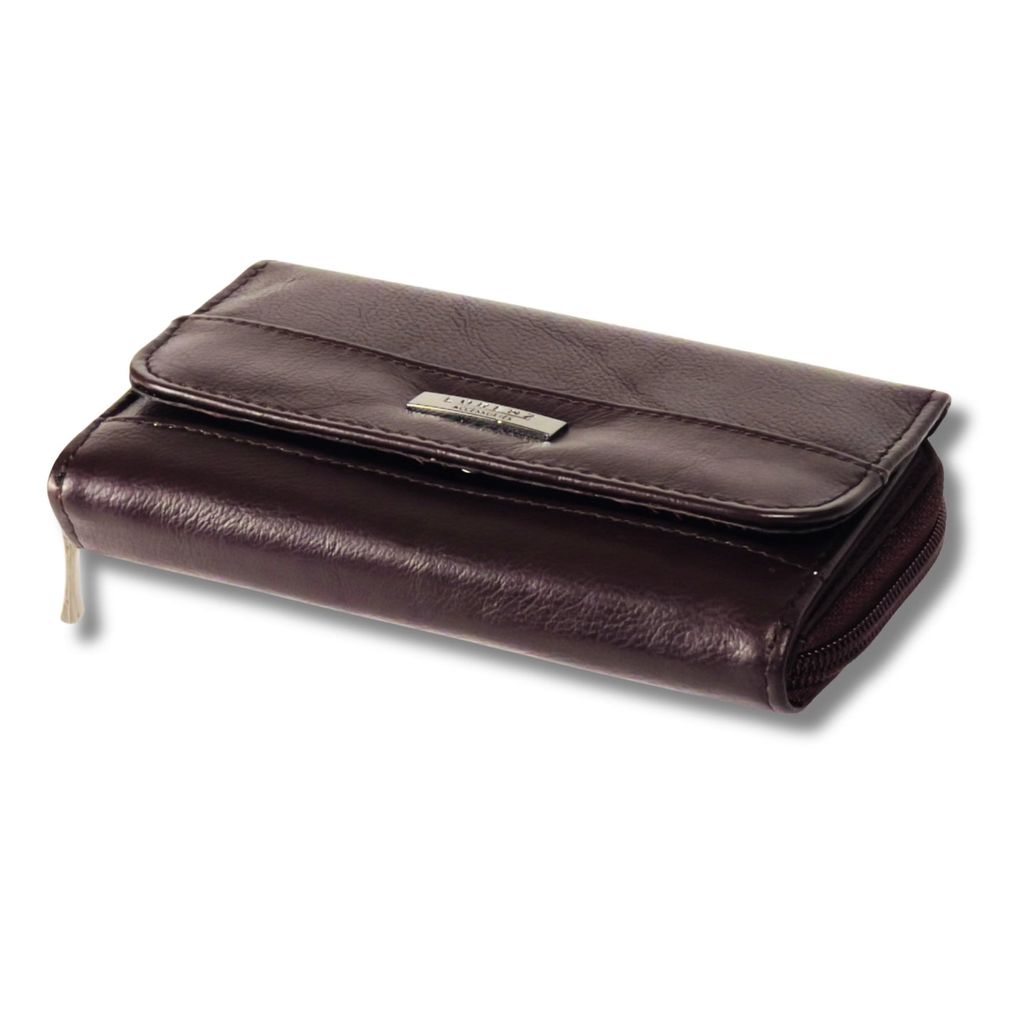Angled view of burgundy RFID trifold leather wallet with soft leather texture, zip closure, and sleek modern design.