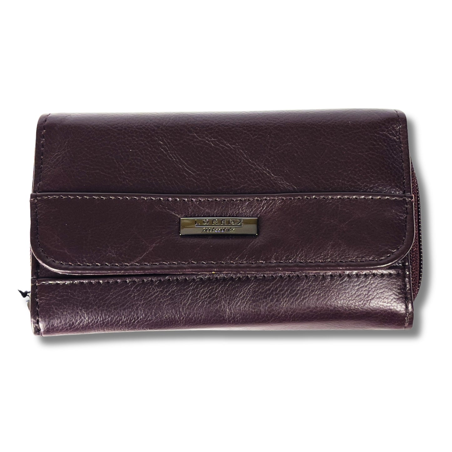 Front view of burgundy RFID soft leather trifold wallet, featuring a classic design and high-quality leather for secure everyday use.