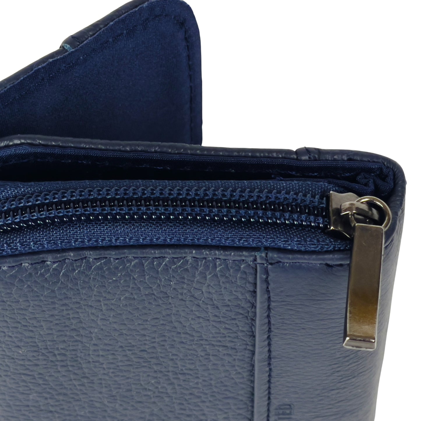 Side view of a navy RFID leather wallet, highlighting its slim profile and strong zip fastening.