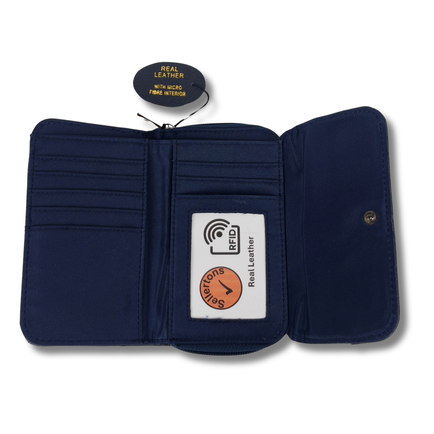 Open view of a navy RFID leather wallet with card slots and an ID window