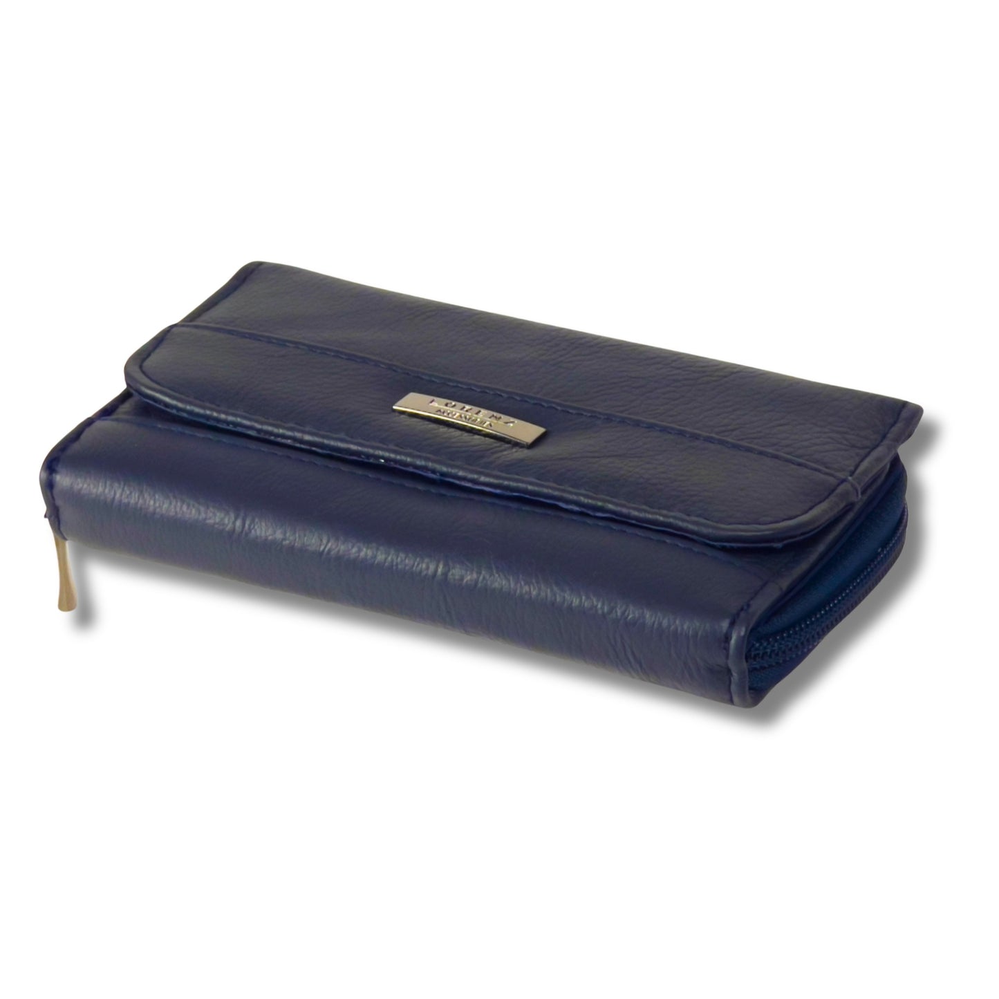 Angled view of a navy RFID leather trifold wallet, showcasing its soft leather texture and zip closure