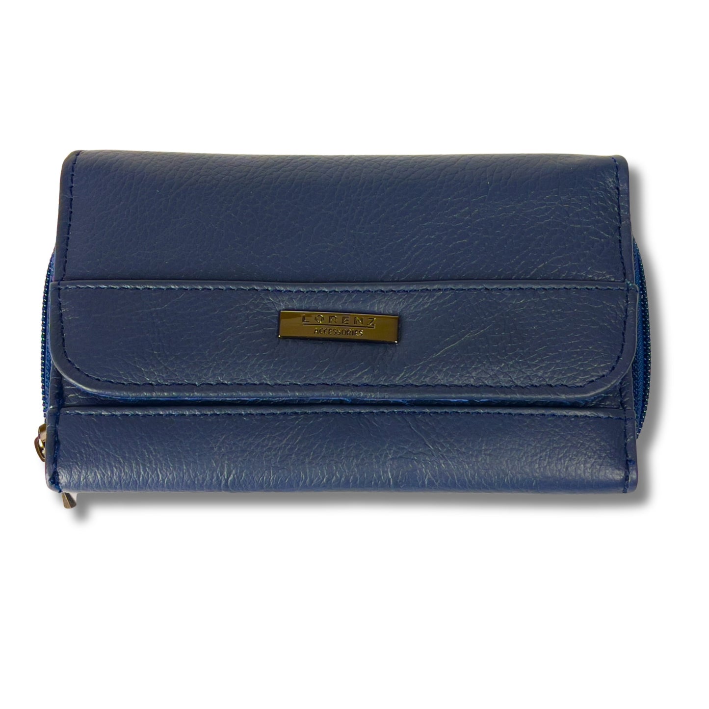 Front view of a navy RFID leather wallet, highlighting its smooth leather texture and simple design