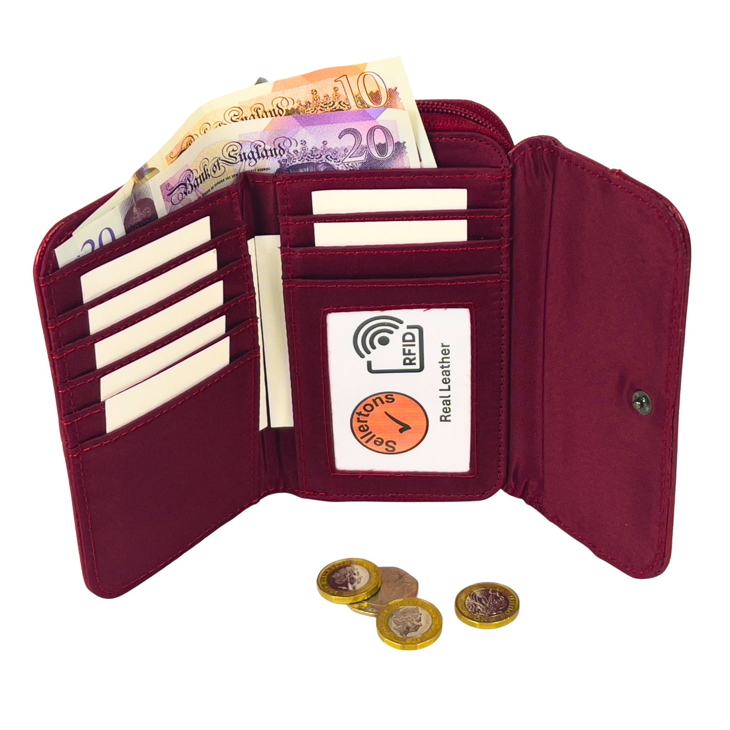 Open red RFID leather wallet displaying card slots, cash, and coins