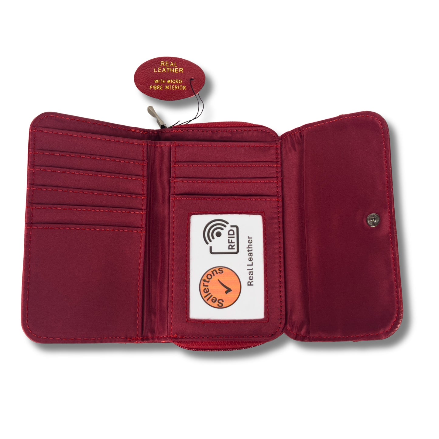 Open view of a red RFID leather wallet with card slots and an ID window