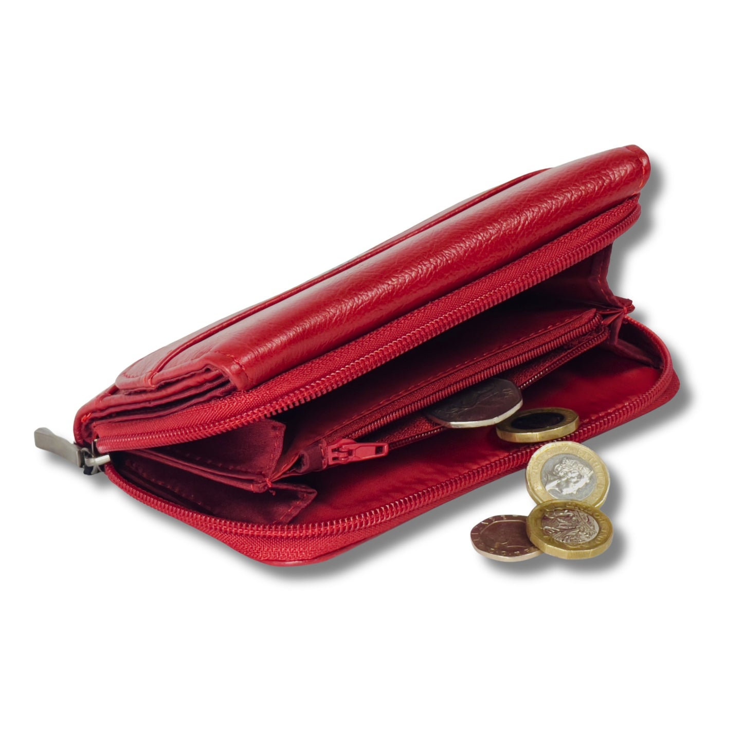 Close-up of the zip coin pocket in a red RFID leather wallet with coins partially visible