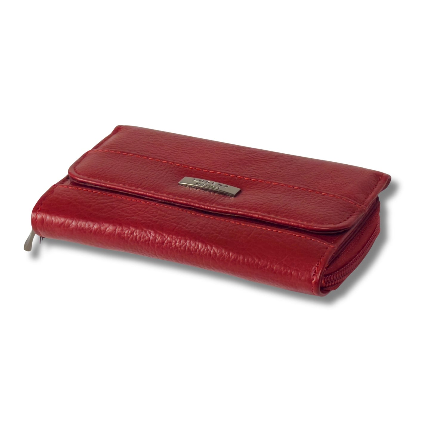 Angled view of a red RFID leather wallet, showcasing its premium leather design