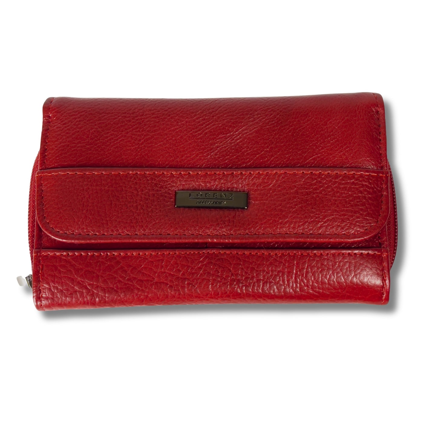 Front view of a red RFID leather wallet, highlighting its vibrant colour and sleek design