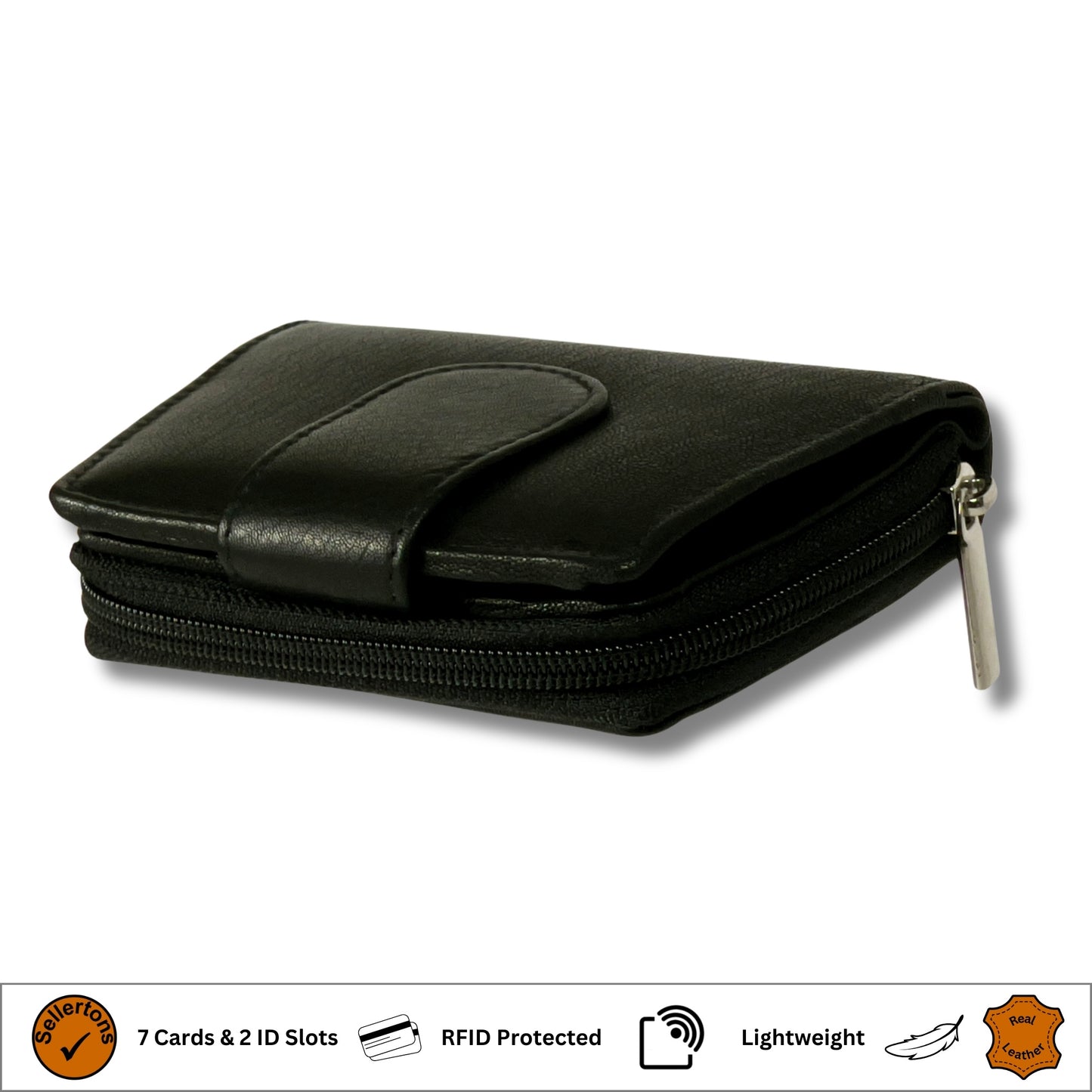 Angle view of a black RFID ladies' purse crafted from soft Nappa leather