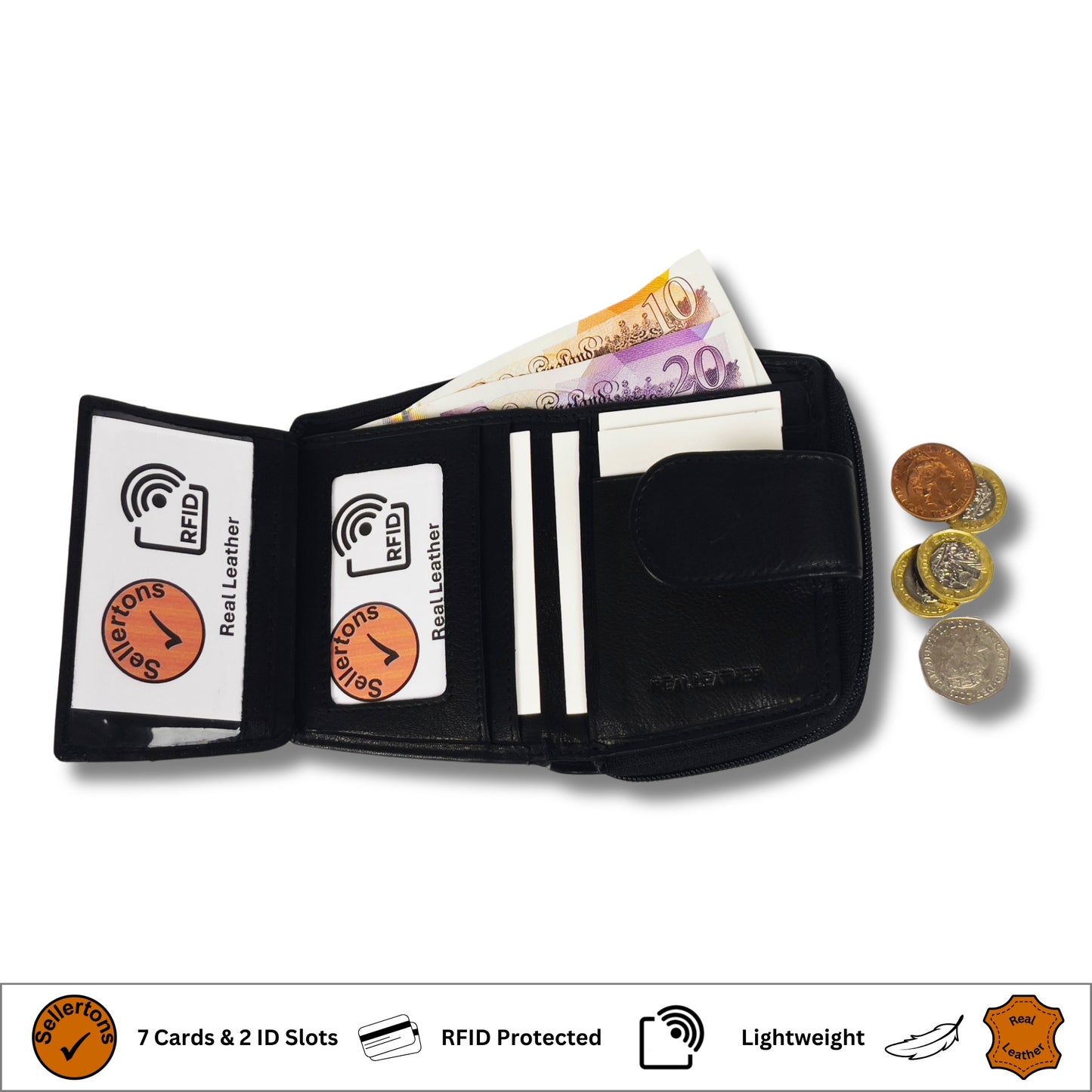 Black RFID ladies' purse with open interior, showing compartments for cards and cash