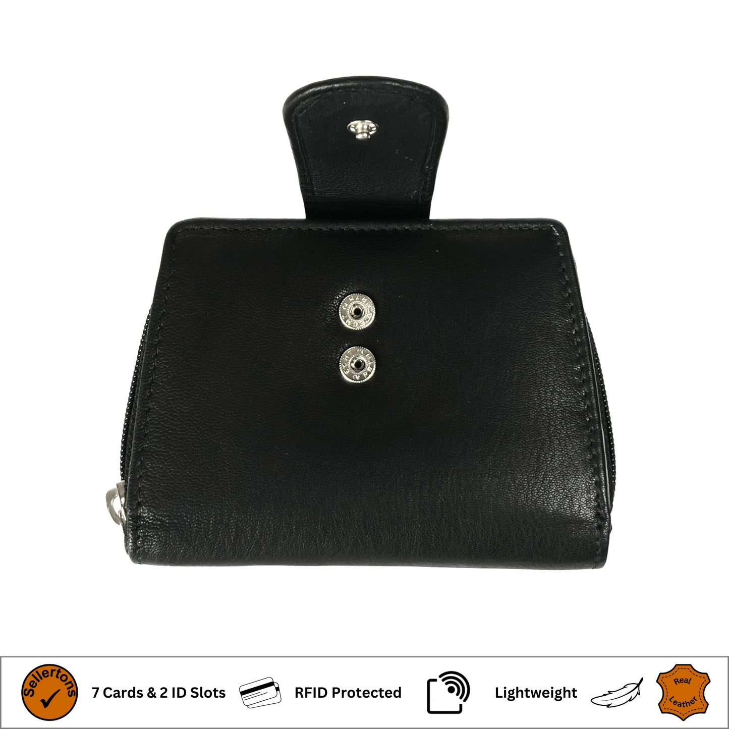 Black RFID ladies' purse with secure popper closure in soft Nappa leather
