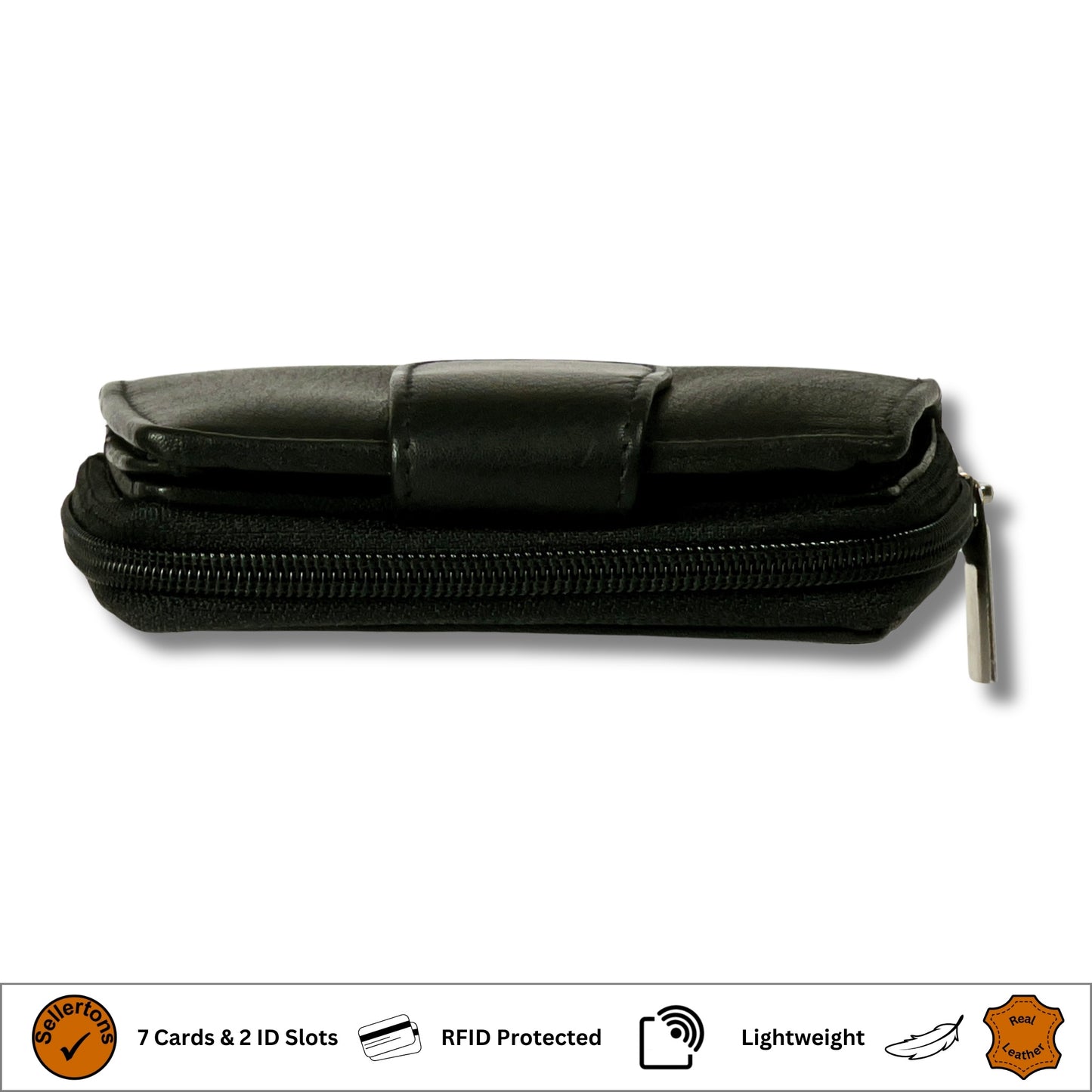 Side profile of a black RFID ladies' purse made from soft Nappa leather