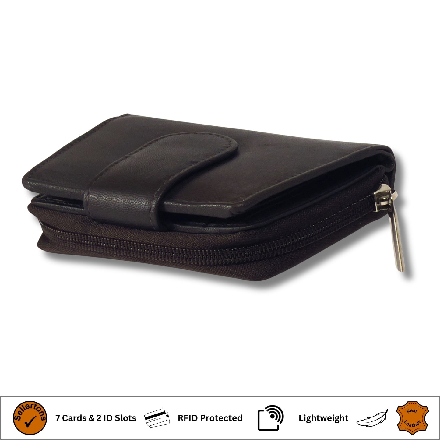 Brown RFID ladies' purse crafted from soft Nappa leather, shown at an angle
