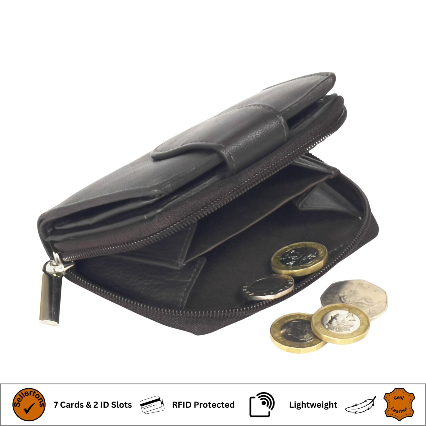 Brown RFID ladies' purse with coin pocket in soft Nappa leather