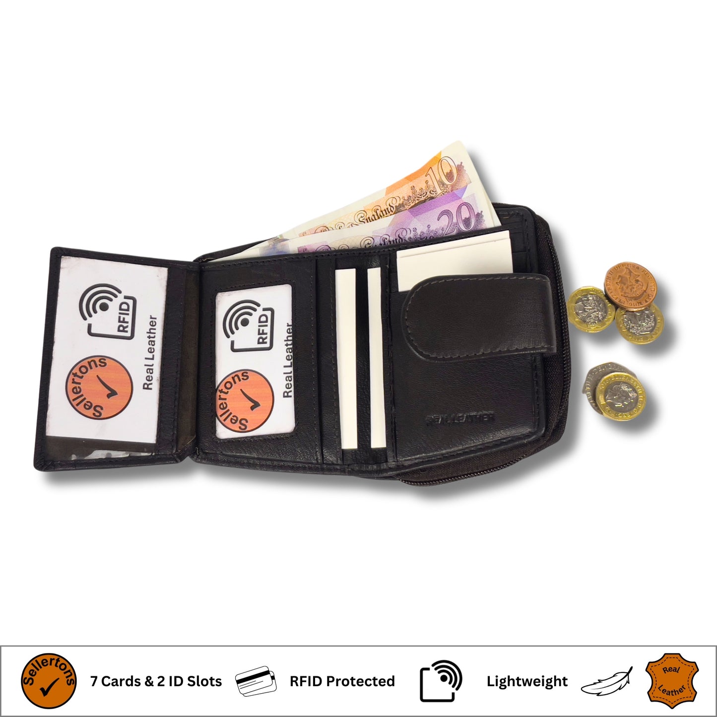 Brown RFID ladies' purse with open interior, showing compartments for cards and cash