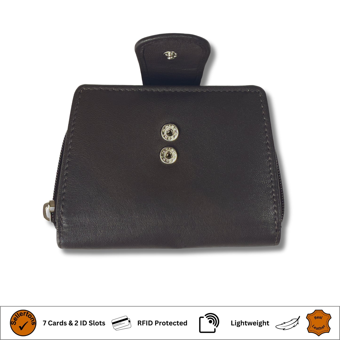 Brown RFID ladies' purse with secure popper closure in soft Nappa leather