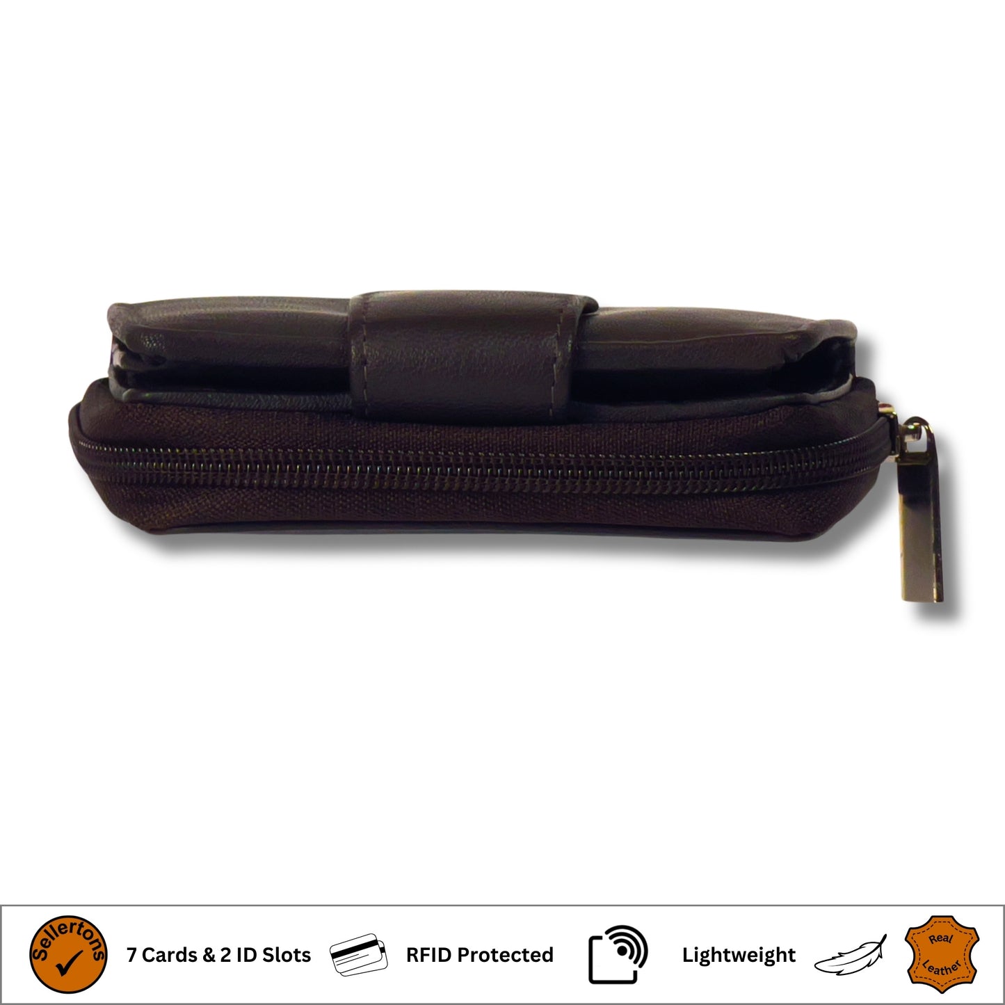 Side profile of a brown RFID ladies' purse made from soft Nappa leather