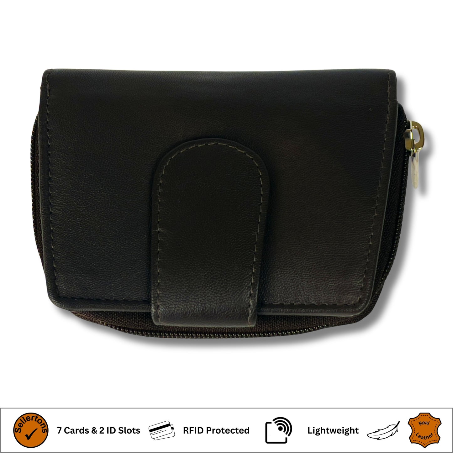 Top view of a brown RFID ladies' purse in soft Nappa leather