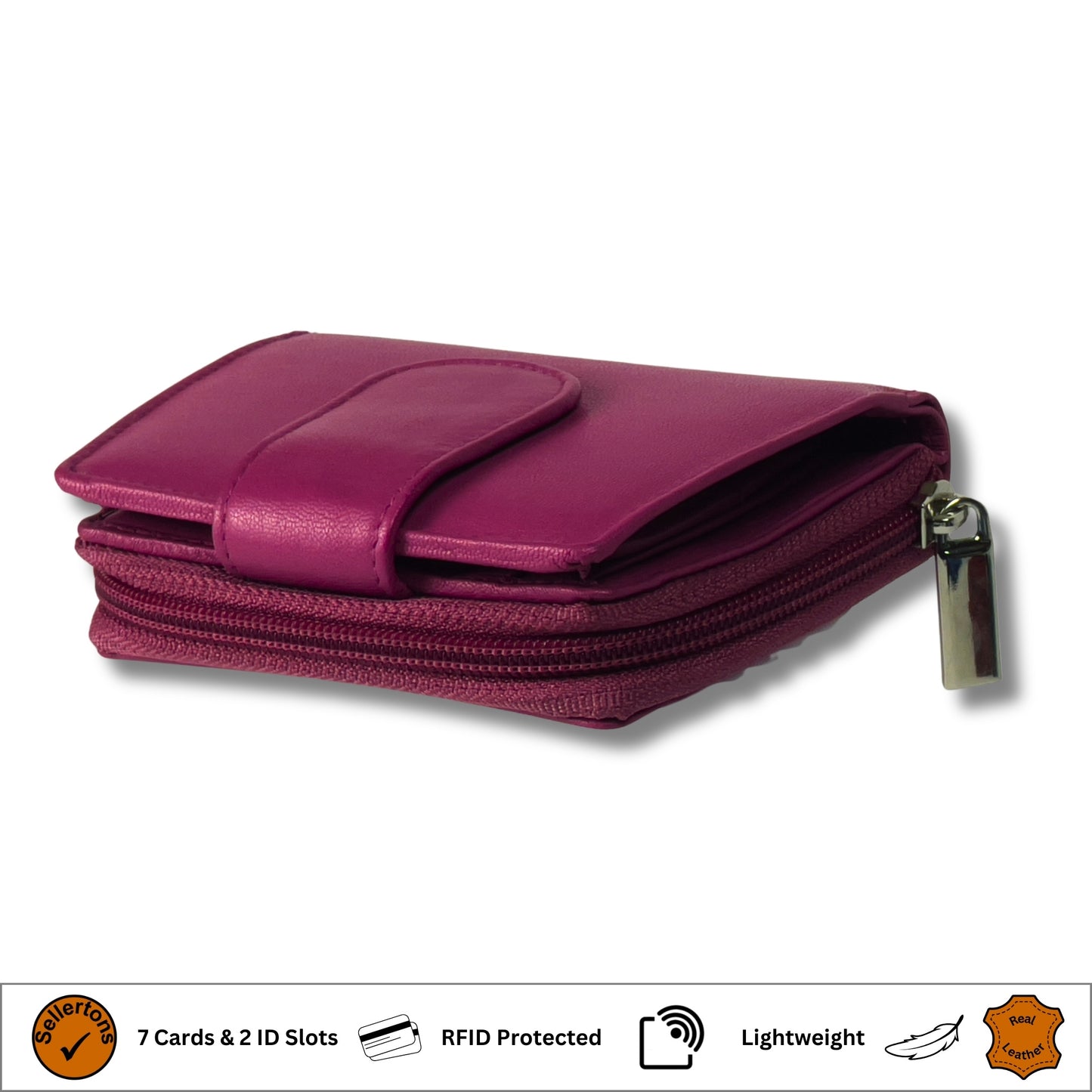 Cerise pink RFID ladies' purse crafted from soft Nappa leather, shown at an angle