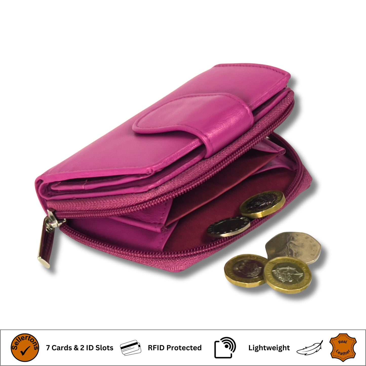 Cerise pink RFID ladies' purse with coin pocket in soft Nappa leather