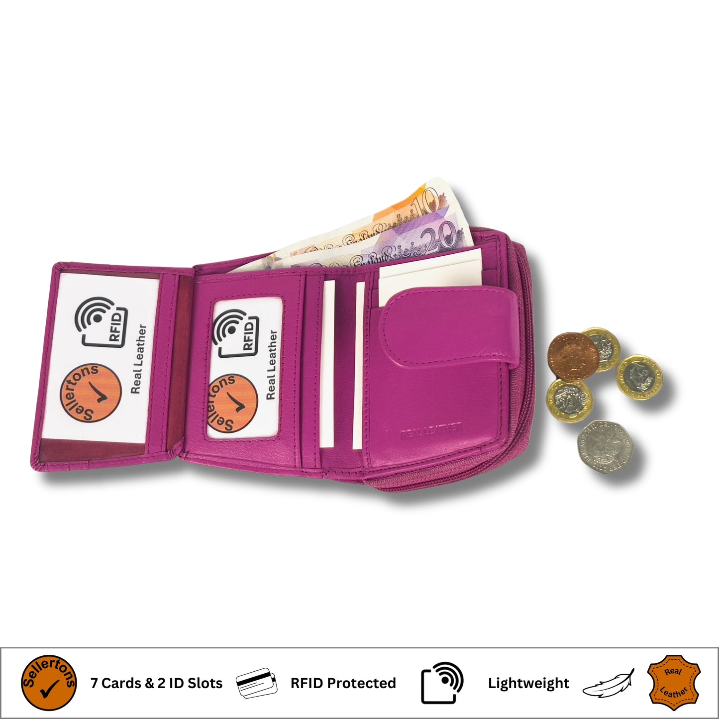 Cerise pink RFID ladies' purse with open interior, showing compartments for cards and cash