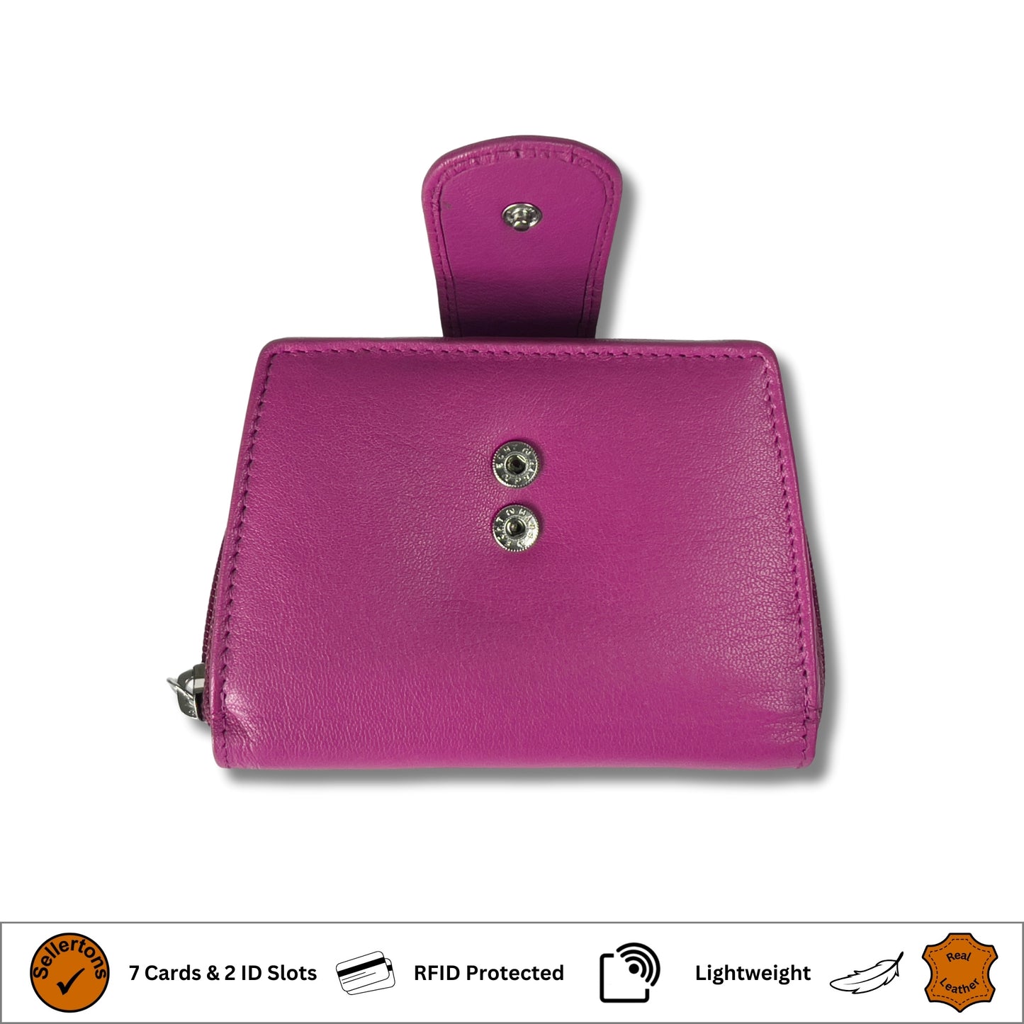 Cerise pink RFID ladies' purse with secure popper closure in soft Nappa leather