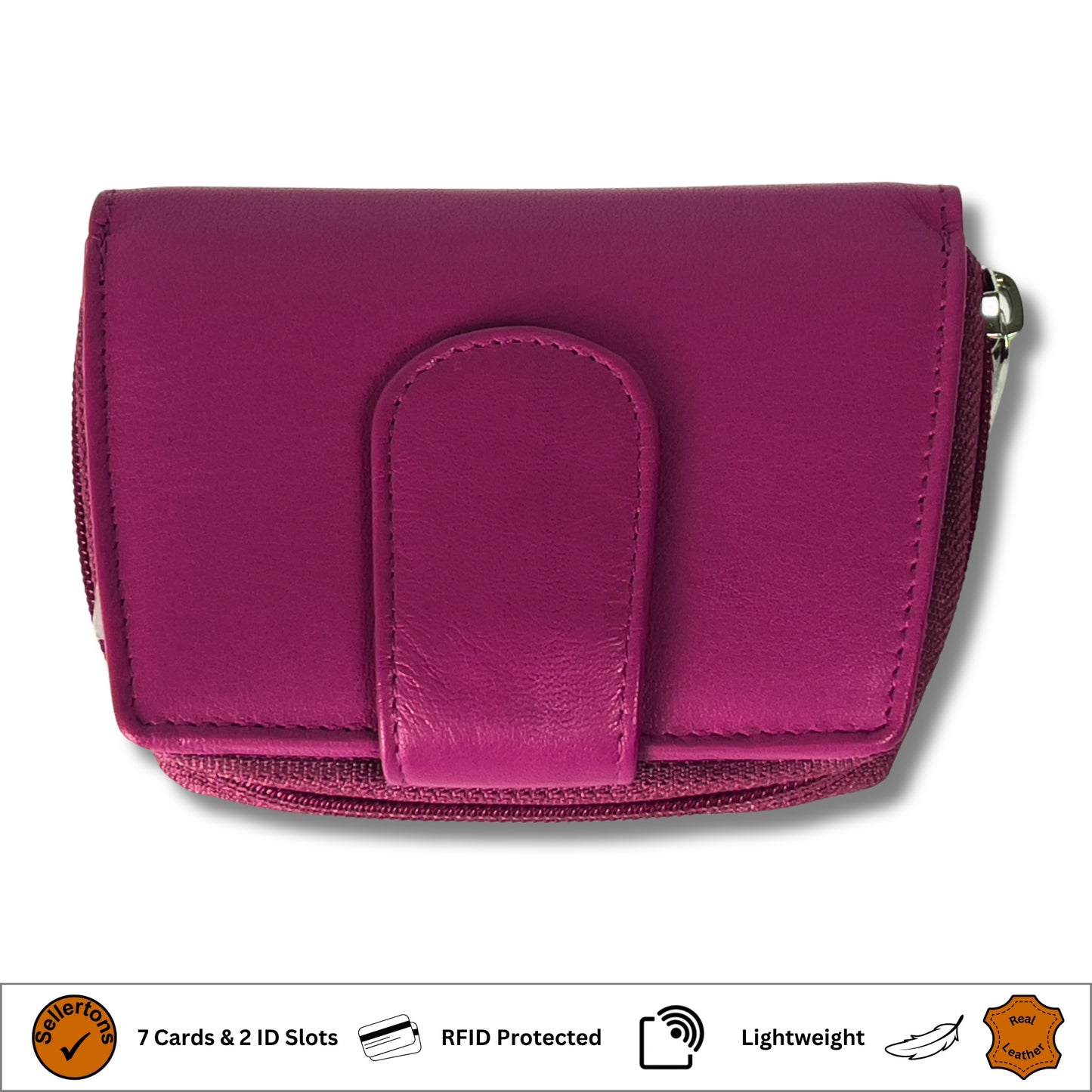 Top view of a cerise pink RFID ladies' purse in soft Nappa leather