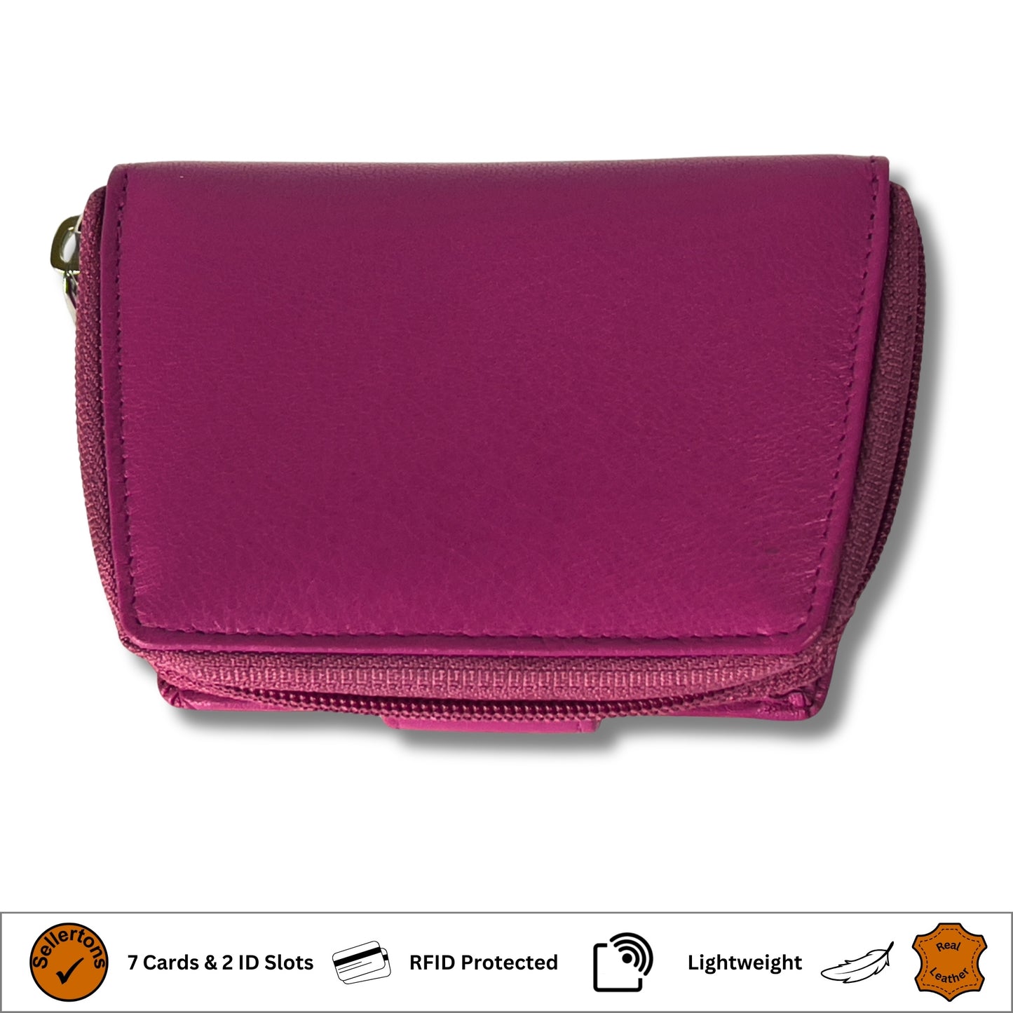 Underside view of a cerise pink RFID ladies' purse in soft Nappa leather