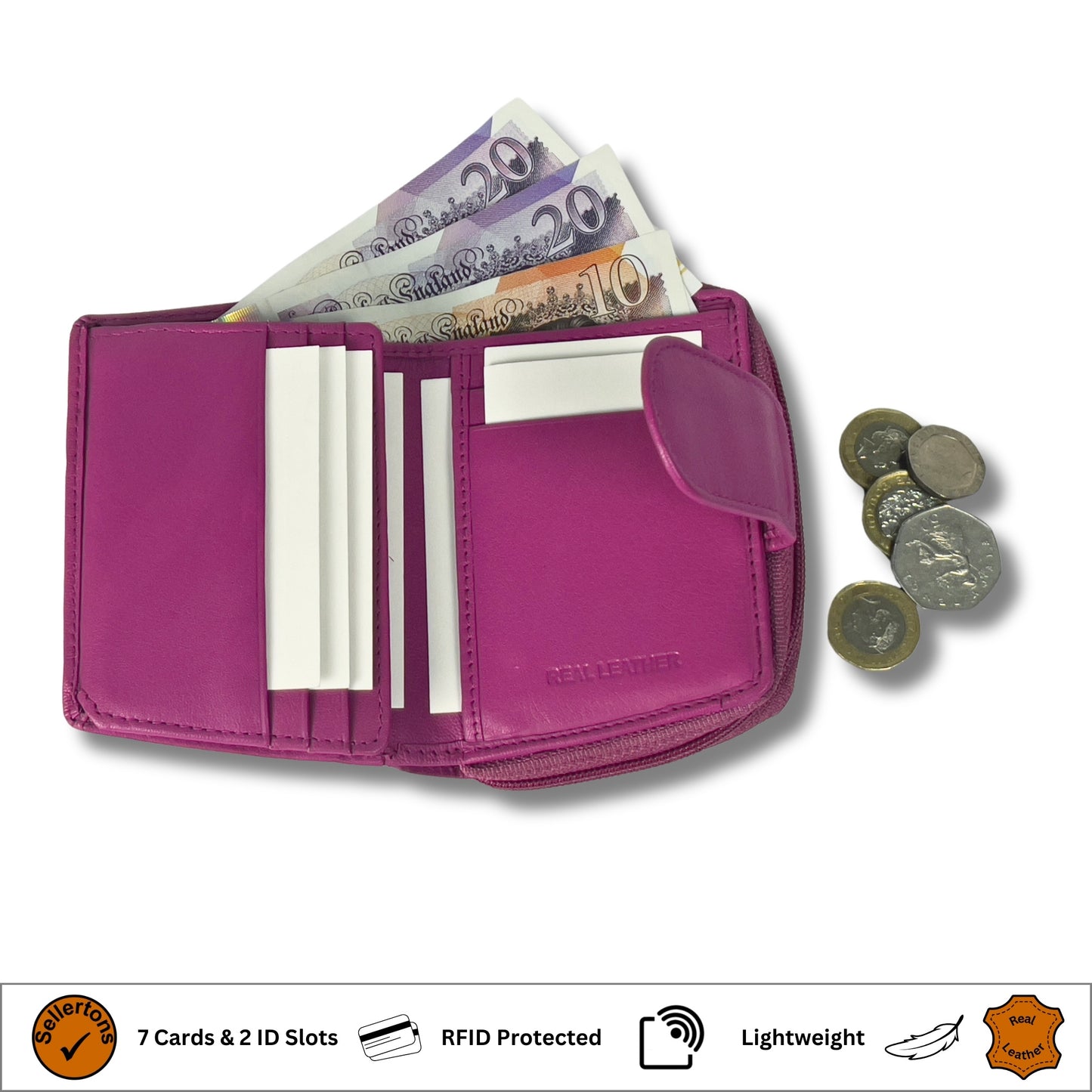 Cerise pink soft Nappa leather ladies' purse with RFID protection, showcasing its zip compartment