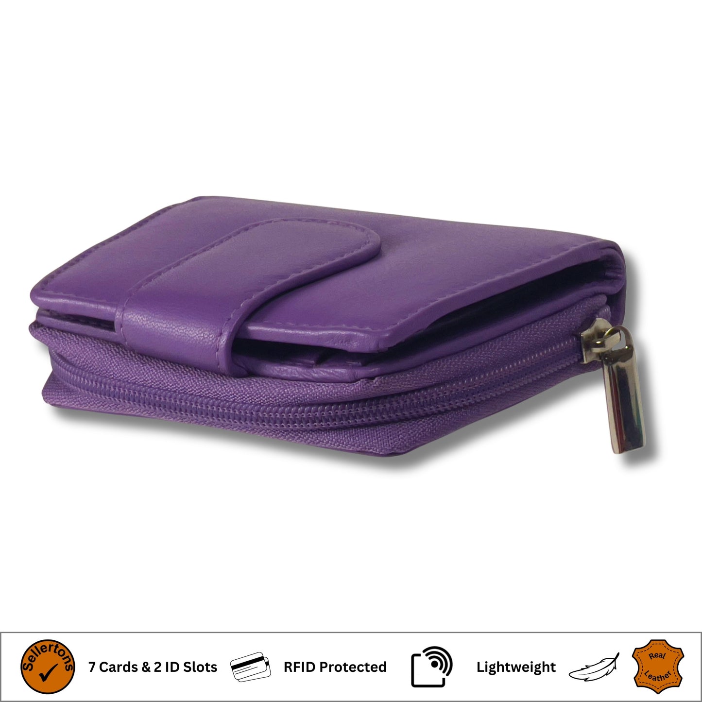 Angle view of a dark purple Nappa leather ladies purse with RFID protection