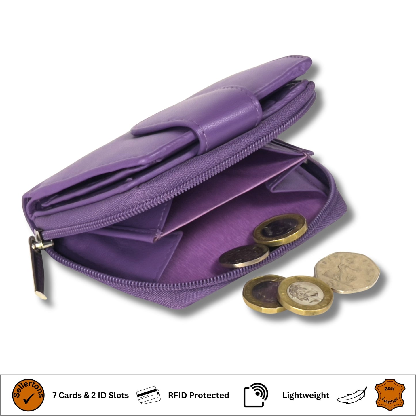 Coin pocket view of a dark purple Nappa leather ladies purse with RFID protection