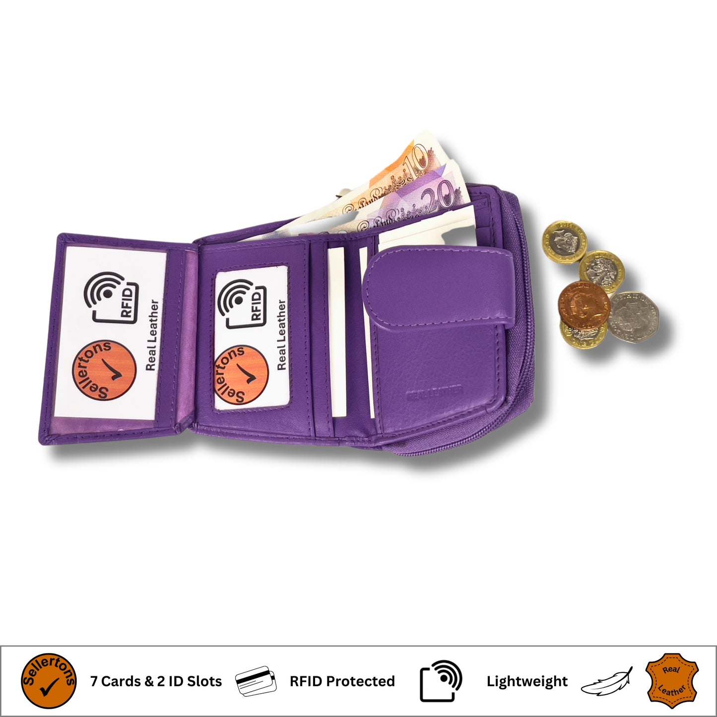 Open interior view showing compartments of a dark purple Nappa leather ladies purse