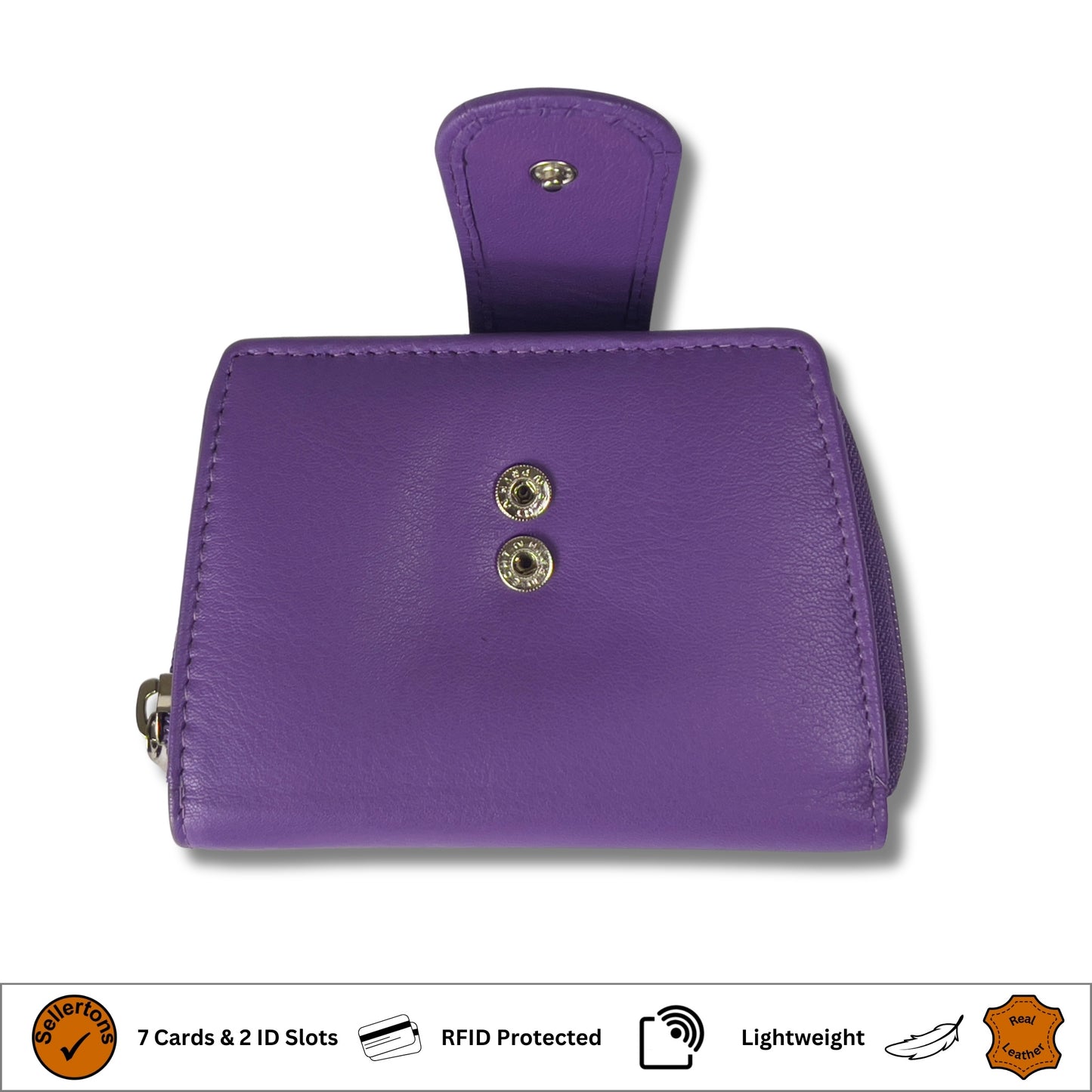 View of a dark purple RFID ladies purse with open poppers and secure closure