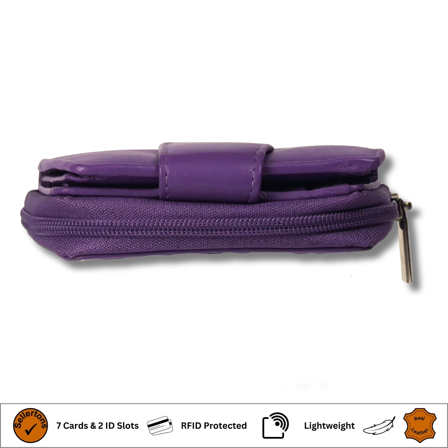 Side profile view of a dark purple Nappa leather ladies purse with RFID protection