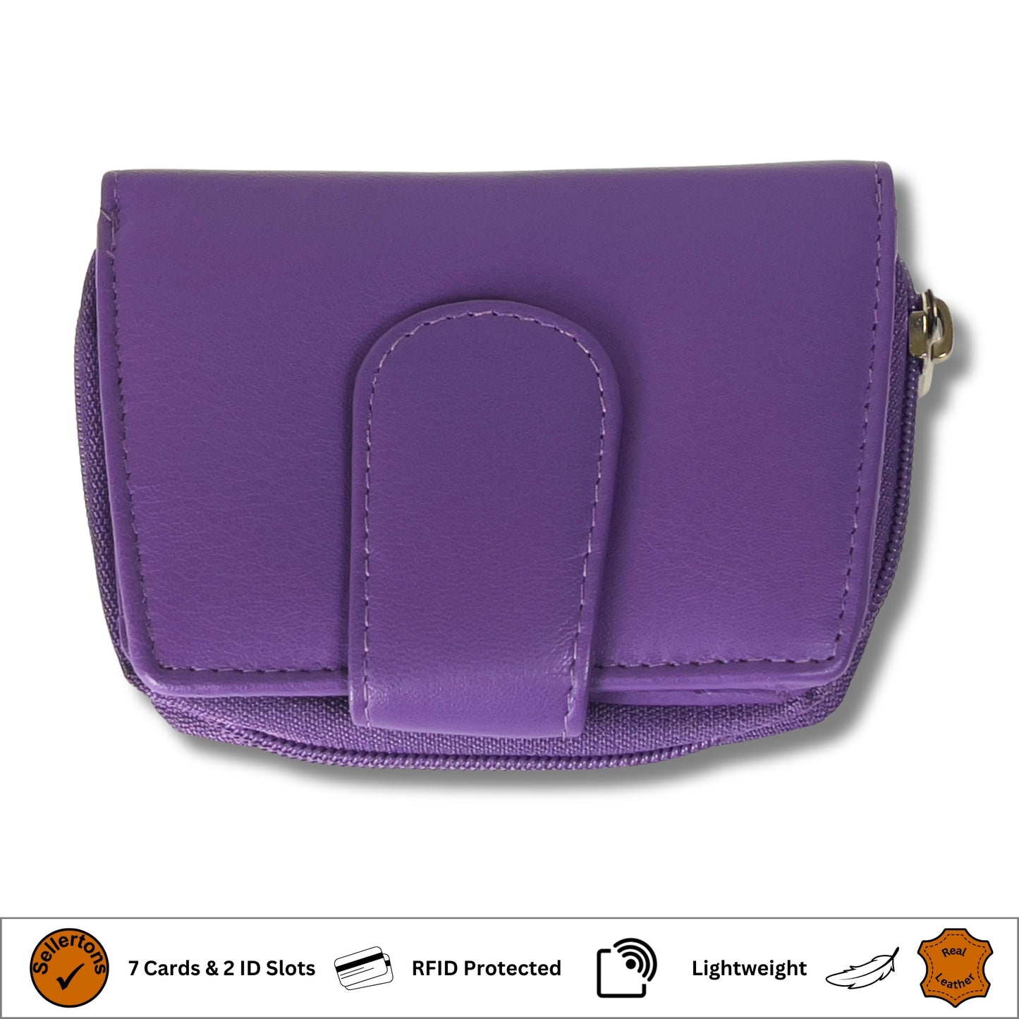 Top view of a dark purple ladies purse with RFID protection and soft Nappa leather