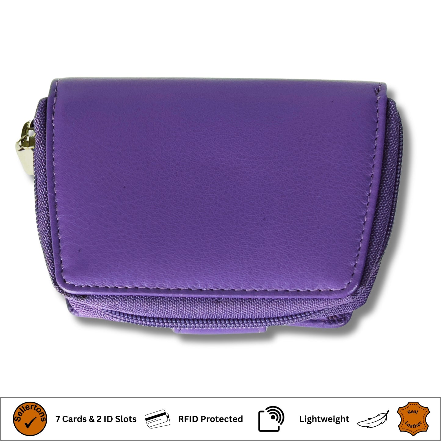 Under view showing the craftsmanship of a dark purple RFID ladies purse