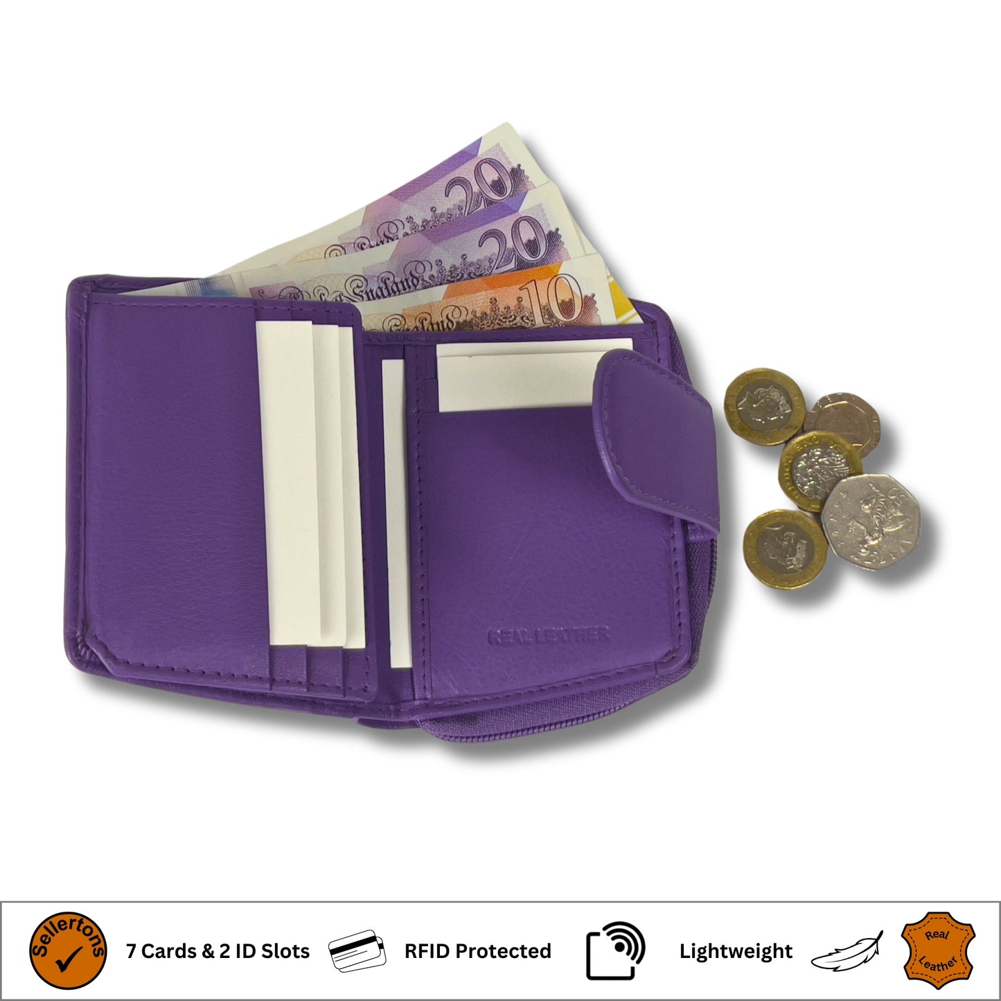 Zip compartment view of a dark purple RFID ladies purse for coins and essentials