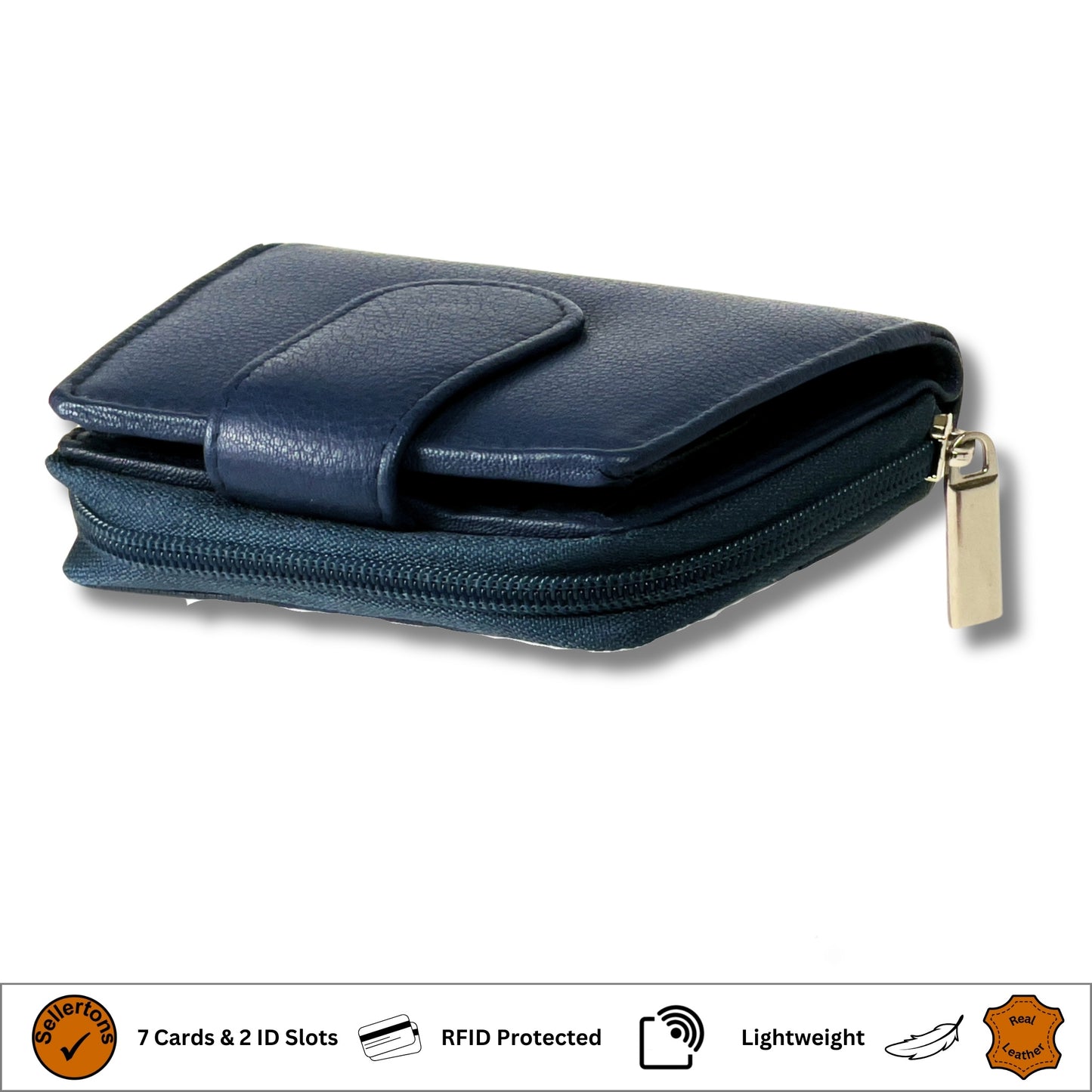 Angle view of a navy blue Nappa leather ladies purse with RFID protection