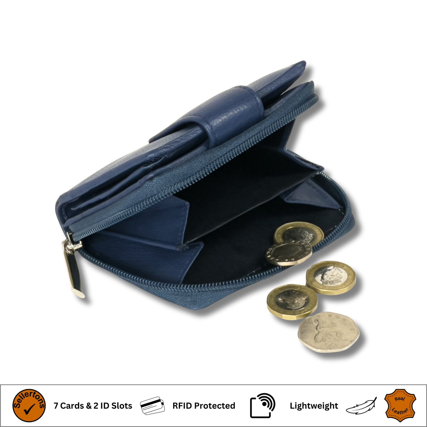 Coin pocket view of a navy blue Nappa leather ladies purse with RFID protection