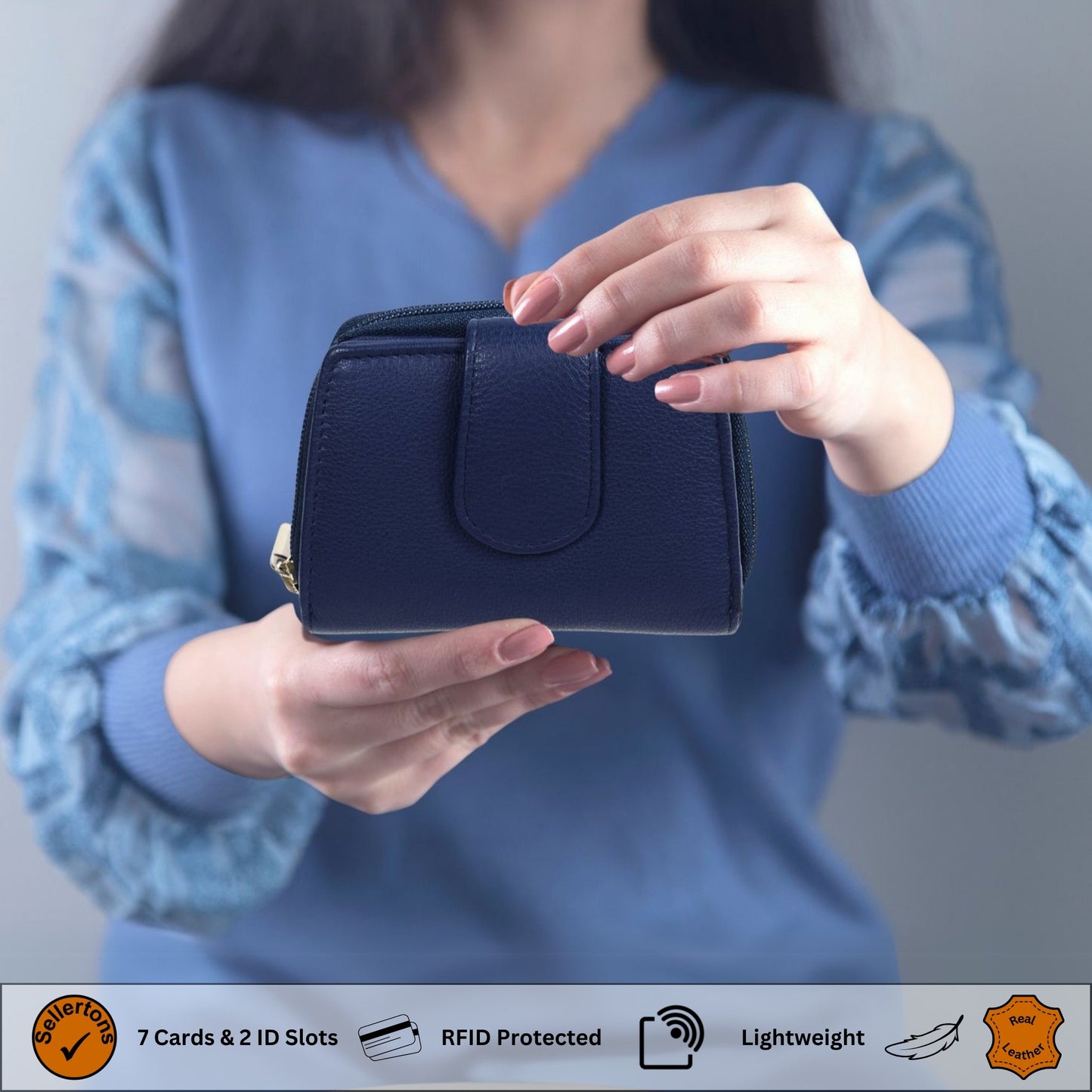 Luxury soft Nappa leather RFID ladies purse in navy blue, comfortably handheld, highlighting its compact size