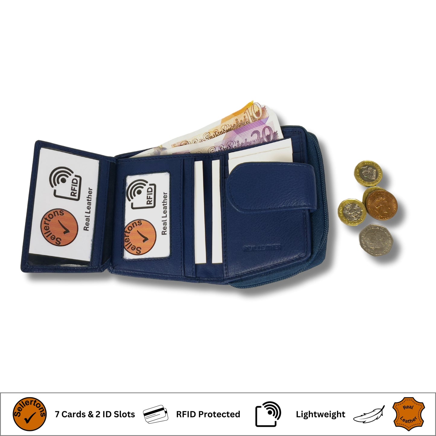 Open interior view showing compartments of a navy blue Nappa leather ladies purse