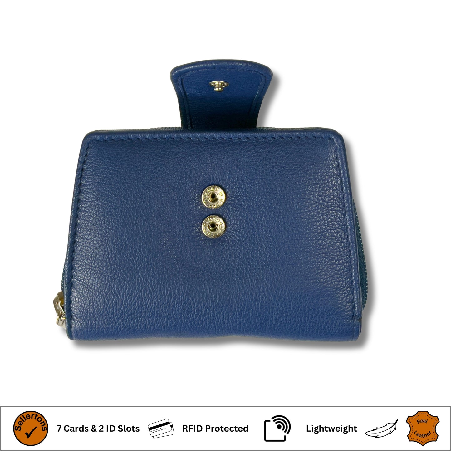 View of a navy blue RFID ladies purse with open poppers and secure closure